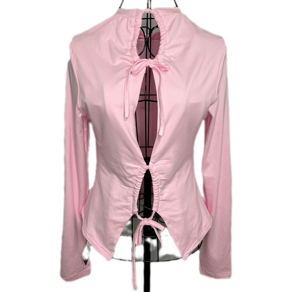 Chic Pink Long Sleeve Top with Front Tie Details – Size L (NWT)